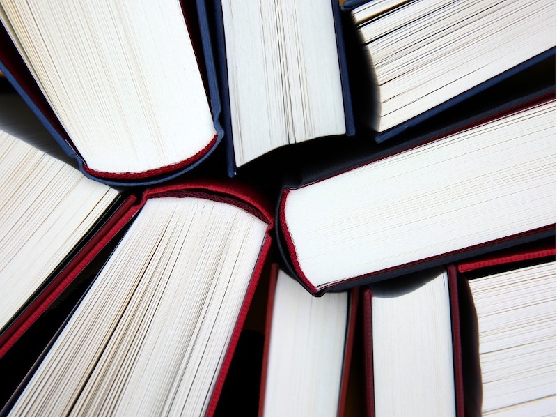 The image depicts a close-up, top-down view of a collection of open hardcover books arranged in a circular pattern. The books are positioned so that their spines are facing inward, creating a star-like formation with their pages radiating outward. The pages of the books are mostly white and clean, while the spines have a red lining visible, giving a uniform look to the collection. The books appear thick, suggesting they could be textbooks or substantial volumes, possibly related to academic or research subjects. The image gives a sense of organized knowledge and study, with a focus on the physicality and texture of the books.