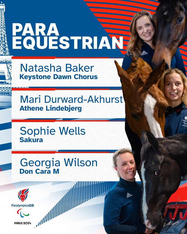 The image is a promotional graphic for the Para Equestrian team of ParalympicsGB, highlighting the team members and their horses for the Paris 2024 Paralympic Games. The design features a blue, red, and white color scheme with the Eiffel Tower depicted in the background, emphasizing the location of the event. ### Team Members and Horses: 1. **Natasha Baker** - Horse: Keystone Dawn Chorus - Pictured in the top section with her horse. 2. **Mari Durward-Akhurst** - Horse: Athene Lindebjerg - Her name and horse's name are listed second. 3. **Sophie Wells** - Horse: Sakura - Her name and horse's name are listed third. 4. **Georgia Wilson** - Horse: Don Cara M - Pictured in the bottom section with her horse. ### Other Details: - The ParalympicsGB logo and the Paris 2024 Paralympics logo are displayed at the bottom left corner. - The graphic has a dynamic and energetic layout, with diagonal lines and vibrant colors that draw attention to the athletes and their horses.
