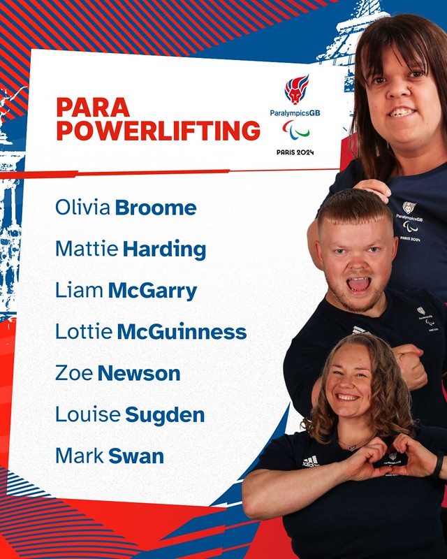 The image is a promotional graphic for ParalympicsGB's Para Powerlifting team for the Paris 2024 Paralympic Games. It features the text "PARA POWERLIFTING" in bold red letters, along with the ParalympicsGB logo and the Paris 2024 logo. Below this, the names of the team members are listed: - Olivia Broome - Mattie Harding - Liam McGarry - Lottie McGuinness - Zoe Newson - Louise Sugden - Mark Swan The right side of the image features photos of three team members: a woman at the top (likely Zoe Newson), a man in the middle (possibly Liam McGarry or Mark Swan), and a woman at the bottom (possibly Louise Sugden). They are all wearing ParalympicsGB apparel and posing energetically, with the man flexing his muscles and the woman at the bottom making a heart shape with her hands. The background includes red and blue graphic elements, enhancing the dynamic and energetic feel of the image.