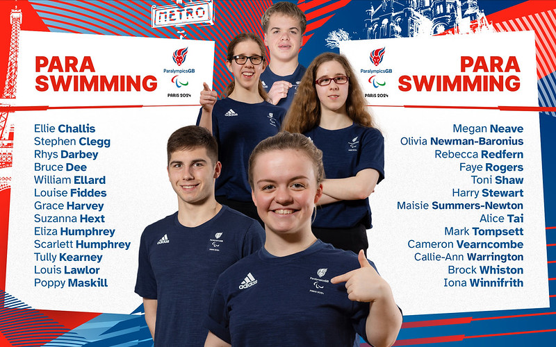 The image features promotional material for the ParalympicsGB Para Swimming team, presumably for the Paris 2024 Paralympics. It prominently displays the words "PARA SWIMMING" on both the left and right sides, along with the ParalympicsGB logo and the Paris 2024 emblem. There are five athletes, both male and female, in the center of the image wearing navy blue team shirts with the British flag emblem. They are smiling and posed confidently, with some giving a thumbs-up gesture. The left side of the image lists the names of several athletes in blue: - Ellie Challis - Stephen Clegg - Rhys Darby - Bruce Dee - William Ellard - Louise Fiddes - Grace Harvey - Suzanna Hext - Eliza Humphrey - Scarlett Humphrey - Tully Kearney - Louis Lawlor - Poppy Maskill On the right side, more athletes are listed in blue: - Megan Neave - Olivia Newman-Baronius - Rebecca Redfern - Faye Rogers - Toni Shaw - Harry Stewart - Maisie Summers-Newton - Alice Tai - Mark Tompsett - Cameron Vearncombe - Callie-Ann Warrington - Brock Whiston - Iona Winnifrith The background features artistic graphics of the Eiffel Tower and another Parisian landmark, tying into the Paris 2024 theme.