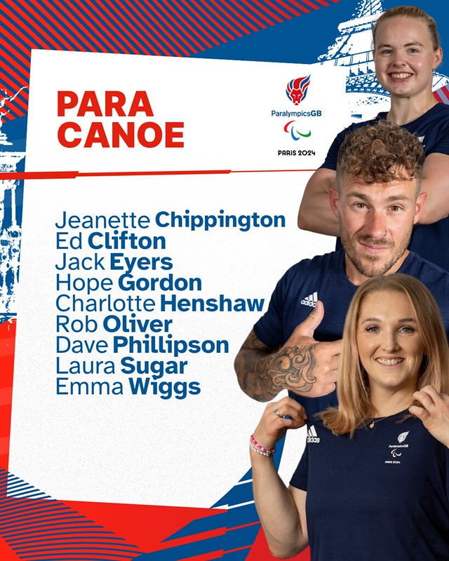 The image is a promotional graphic for the Para Canoe team of ParalympicsGB for the Paris 2024 Paralympic Games. At the top left, the text "PARA CANOE" is written in bold red letters, with the ParalympicsGB logo and "Paris 2024" featured next to it. Below the title is a list of team members' names in alternating blue and red text: - Jeanette Chippington - Ed Clifton - Jack Eyers - Hope Gordon - Charlotte Henshaw - Rob Oliver - Dave Phillipson - Laura Sugar - Emma Wiggs On the right side of the image, three smiling athletes wearing navy blue team uniforms are shown. One man with curly hair is flexing his arm, and two women are posing proudly. The overall design of the image has a dynamic red, white, and blue color scheme with diagonal stripes and an abstract pattern.