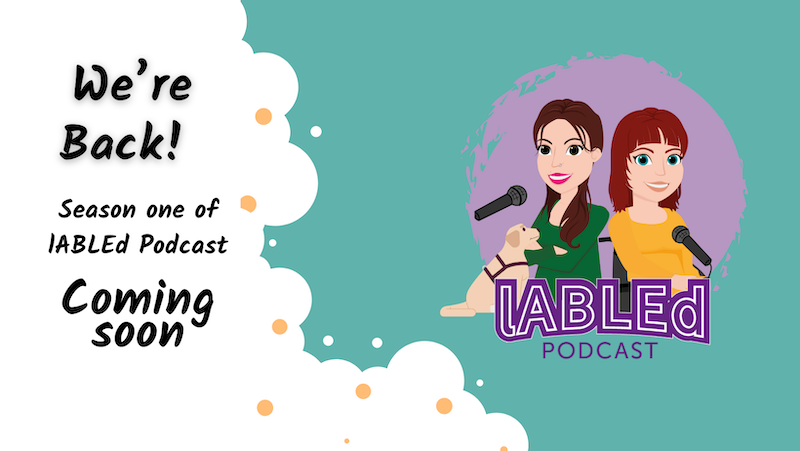 This image is a promotional graphic announcing the return of the *lABLEd Podcast*. ### Key Elements: - **Main Announcement Text**: - On the left side, the text says: - “We’re Back!” in large, bold black letters. - “Season one of lABLEd Podcast” in a smaller font below. - “Coming soon” in a bold, playful font, emphasizing the anticipation. - **Illustration of Hosts**: - On the right side, there is a cartoon-style illustration of two women sitting side by side, each with a microphone, indicating that they are podcast hosts. - One of the hosts has long brown hair and holds a small beige dog, adding a warm, personal touch. - The other host has short red hair and wears a yellow top. - **Podcast Logo**: - Beneath the characters is the *lABLEd Podcast* logo in purple, with “lABLEd” in a large, bold font and “PODCAST” in smaller letters below. - **Background and Design Elements**: - The left side has a white background with orange and white dots scattered around, blending into the greenish-blue background on the right. - Behind the hosts, there’s a large purple circular shape with a rough, textured edge, adding a playful, artistic vibe. The overall design is friendly and inviting, with a color scheme and illustrations that feel lighthearted and approachable, aiming to generate excitement for the podcast’s upcoming season.