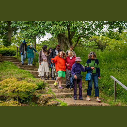 A group of people are descending a stone staircase outdoors in a lush green park. The group includes individuals of various ages, with some providing assistance to others. One woman in a bright orange jacket and neon green shorts is supported by a woman in a purple jacket. Another woman in a green and navy sweater and jeans is assisting an elderly woman with a walking cane. The atmosphere appears friendly and communal, with people smiling and engaged with one another. The surrounding area features dense greenery, a large tree, and manicured grass, suggesting a peaceful, natural setting.