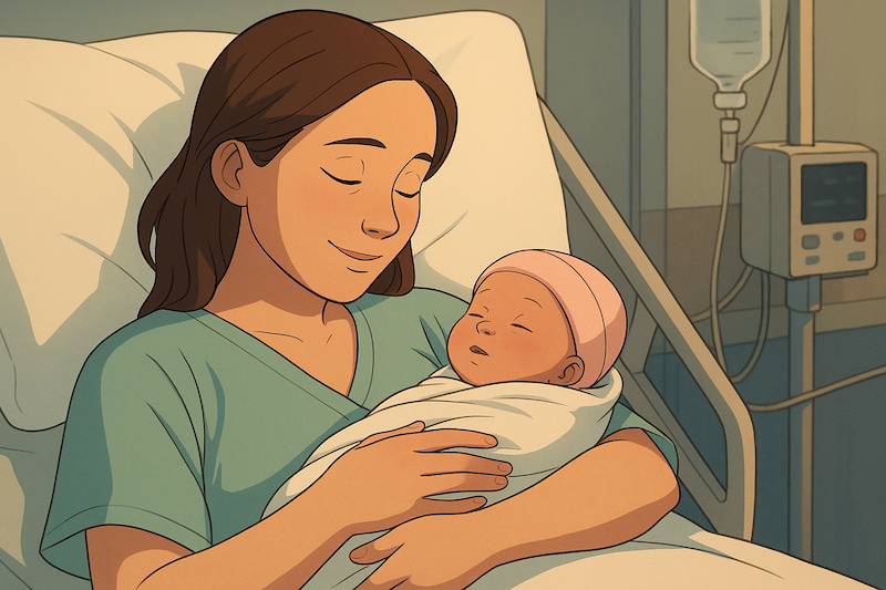 An animated image of a mother lying in a hospital bed, gently holding her newborn baby wrapped in a white blanket. The mother, wearing a green hospital gown, smiles peacefully with her eyes closed. The baby, also asleep, wears a soft pink hat. In the background, subtle medical equipment and an IV stand are visible, suggesting a calm hospital setting.