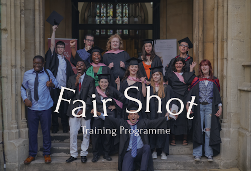 A group of diverse young adults wearing graduation gowns and caps, celebrating on the steps of a historic stone building. Some are cheering, smiling, or holding up diplomas and caps. Text over the image reads: 'Fair Shot Training Programme'.