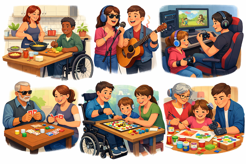 Illustration of diverse animated people with visible disabilities enjoying activities together: a wheelchair user cooking with a friend, people with visual impairment singing and playing guitar, children and adults with hearing aids or headphones playing computer games, adults including someone with visual impairment playing card games, a wheelchair user playing a board game with family, and people including an adult with a prosthetic arm doing arts and crafts, all smiling in an inclusive setting.