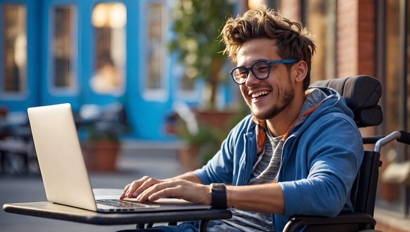 A man with short brown hair wearing a casual blue hoodie, jeans, a grey top and blue glasses sitting in a wheelchair with a laptop on his tray. He's typing on the computer and smiling.