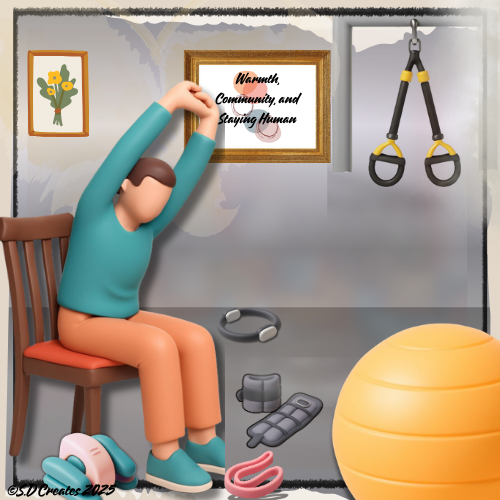 Illustrated scene of a person seated on a chair stretching their arms overhead in a cozy home exercise space. Around them are fitness items including resistance bands hanging on the wall, a yoga ball, ankle weights, and headphones on the floor. Framed wall art reads “Warmth, Community, and Staying Human.” The overall style is soft, rounded, and cartoon-like, conveying a calm, supportive wellness environment.