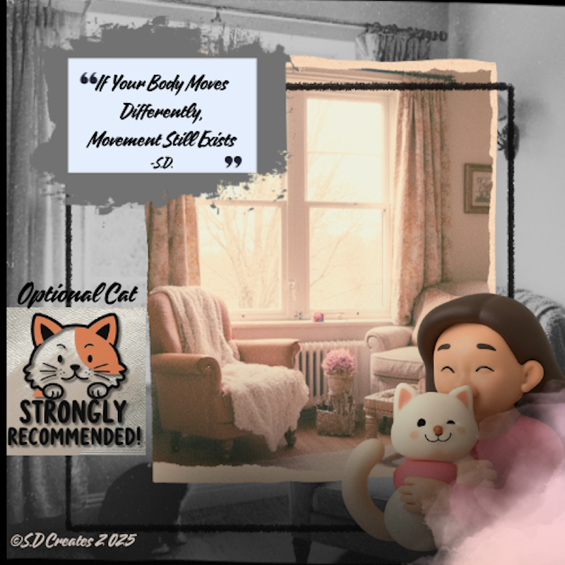 A softly styled collage image showing a cozy living room with two armchairs, a radiator, and a large window glowing with warm daylight. Overlaid on the scene is a textured grey paint panel containing the quote: “If your body moves differently, movement still exists. – S.D.” On the left side, a sticker-style graphic of a smiling cat reads “Optional Cat – Strongly Recommended!” In the bottom right corner, a 3D-style illustration shows a smiling person hugging a small white cat. The image has a gentle, comforting tone, with layered borders, muted colours, and the signature “© SD Creates 2025” in the lower left corner.