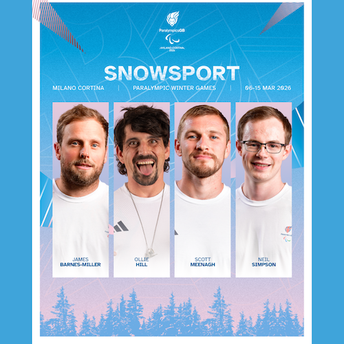 Promotional graphic for ParalympicsGB Snowsport. At the top are the ParalympicsGB logo and the Milano Cortina 2026 Paralympic Winter Games emblem. Large text reads “SNOWSPORT”, with smaller text below reading “MILANO CORTINA | PARALYMPIC WINTER GAMES | 06–15 MAR 2026.” Below are four vertical portrait panels showing Team ParalympicsGB athletes wearing white team T-shirts, set against a blue, winter-themed background. From left to right, the names beneath the portraits read: James Barnes-Miller, Ollie Hill, Scott Meenagh, and Neil Simpson. The bottom of the image features silhouettes of snowy trees, reinforcing the winter sports theme.
